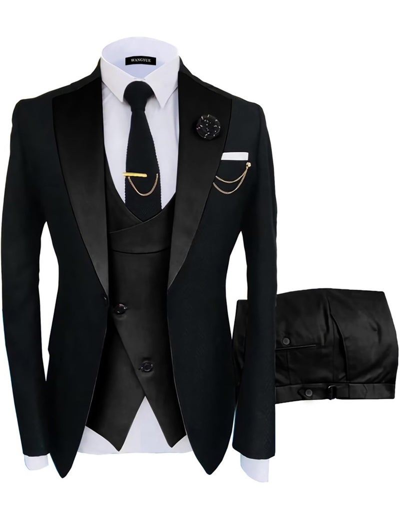 Wangyue Black Suits for Men 3 Piece Slim Fit Suits Tuxedo for Men Black Double Breasted Wedding Prom Tuxedo Elegant Business Formal Dinner Party Notch Lapel One Button,Large - Image 1