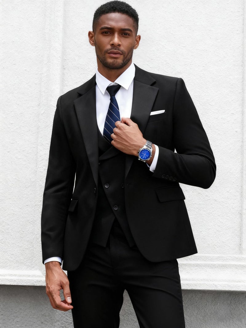 Wangyue Black Suits for Men 3 Piece Slim Fit Suits Tuxedo for Men Black Double Breasted Wedding Prom Tuxedo Elegant Business Formal Dinner Party Notch Lapel One Button,Large - Image 3