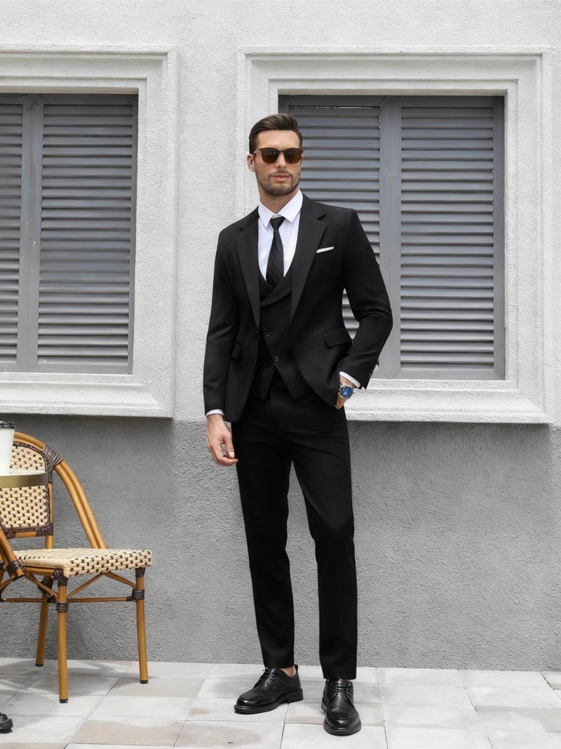 Wangyue Black Suits for Men 3 Piece Slim Fit Suits Tuxedo for Men Black Double Breasted Wedding Prom Tuxedo Elegant Business Formal Dinner Party Notch Lapel One Button,Large - Image 5