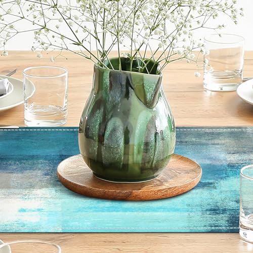 AILUER Teal Grey Table Runners Modern Art Farmhouse Linen Turquoise Table Runners Dresser Scarves Retro Rustic Style for Party Kitchen Dining Table Coffee Holiday Party Decor (Teal Grey, 13"x 71") - Image 4