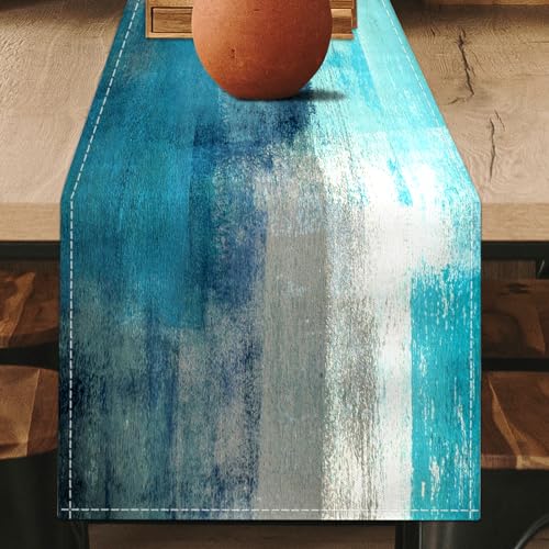 AILUER Teal Grey Table Runners Modern Art Farmhouse Linen Turquoise Table Runners Dresser Scarves Retro Rustic Style for Party Kitchen Dining Table Coffee Holiday Party Decor (Teal Grey, 13"x 71") - Image 2