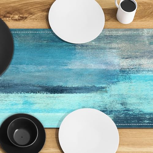 AILUER Teal Grey Table Runners Modern Art Farmhouse Linen Turquoise Table Runners Dresser Scarves Retro Rustic Style for Party Kitchen Dining Table Coffee Holiday Party Decor (Teal Grey, 13"x 71") - Image 5