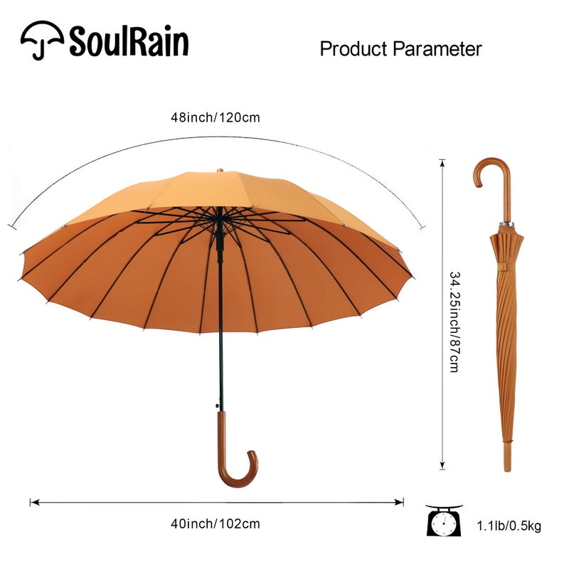 SoulRain 16 Ribs 48" Stick Umbrella Auto Open Solid Color Fashionable and Simpleï¼ŒArc Classic Wood Handleï¼ŒWindproof Unbreakable Stick Rain Umbrella (Orange)â€¦ - Image 4
