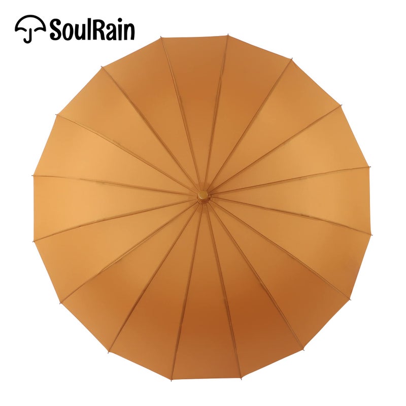 SoulRain 16 Ribs 48" Stick Umbrella Auto Open Solid Color Fashionable and Simpleï¼ŒArc Classic Wood Handleï¼ŒWindproof Unbreakable Stick Rain Umbrella (Orange)â€¦ - Image 2