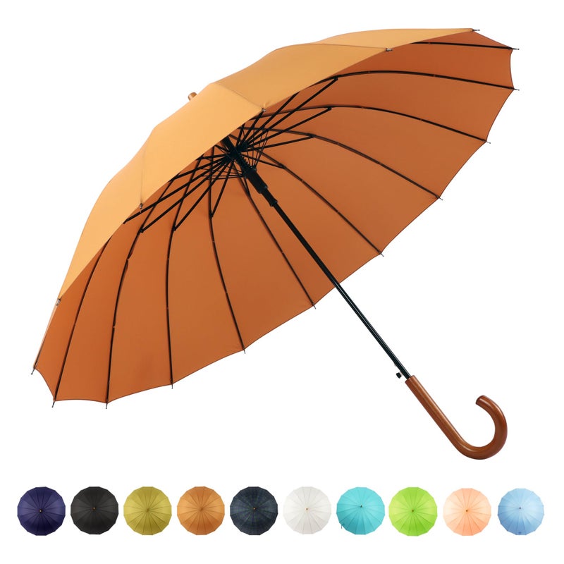 SoulRain 16 Ribs 48" Stick Umbrella Auto Open Solid Color Fashionable and Simpleï¼ŒArc Classic Wood Handleï¼ŒWindproof Unbreakable Stick Rain Umbrella (Orange)â€¦ - Image 1