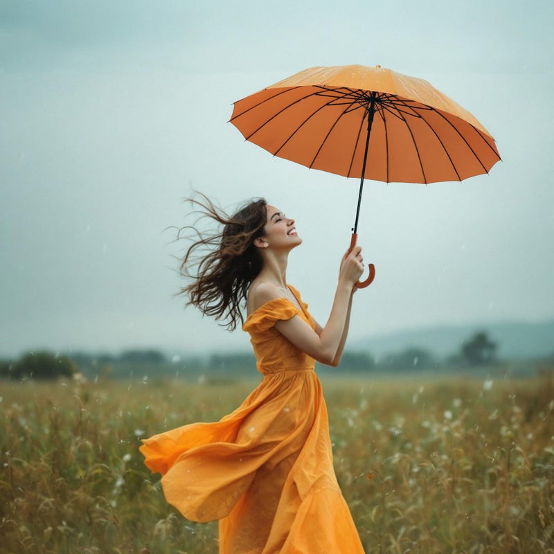 SoulRain 16 Ribs 48" Stick Umbrella Auto Open Solid Color Fashionable and Simpleï¼ŒArc Classic Wood Handleï¼ŒWindproof Unbreakable Stick Rain Umbrella (Orange)â€¦ - Image 3
