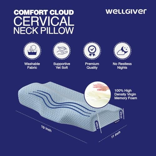 WELLGIVER Cervical Memory Foam Pillow for Neck Pain | 2 Year Warranty | 19 x 11 x 4 Inch Standard | Orthopedic Pillow Spondylitis Neck & Shoulder Pain | Washable Jacquard Blue Cover | Pack of 1 - Image 2