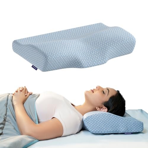 WELLGIVER Cervical Memory Foam Pillow for Neck Pain | 2 Year Warranty | 19 x 11 x 4 Inch Standard | Orthopedic Pillow Spondylitis Neck & Shoulder Pain | Washable Jacquard Blue Cover | Pack of 1 - Image 1