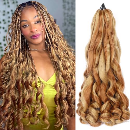 Colorful Queen Synthetic Braiding Hair Pre Stretched 22 Inch Bouncy French Curly Braiding Hair Mix Blond and Brown Loose Wavy Crochet Braids Hair for Women 7 Packs 2730