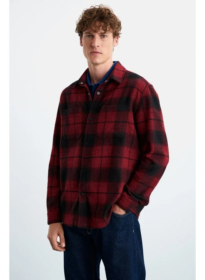 GRIMELANGE Sagan Men's Cotton-Polyester Relaxed Collar Carpenter Burgundy Shirt.