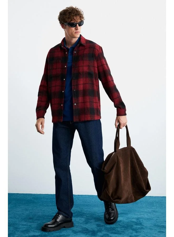 GRIMELANGE Sagan Men's Cotton-Polyester Relaxed Collar Carpenter Burgundy Shirt.