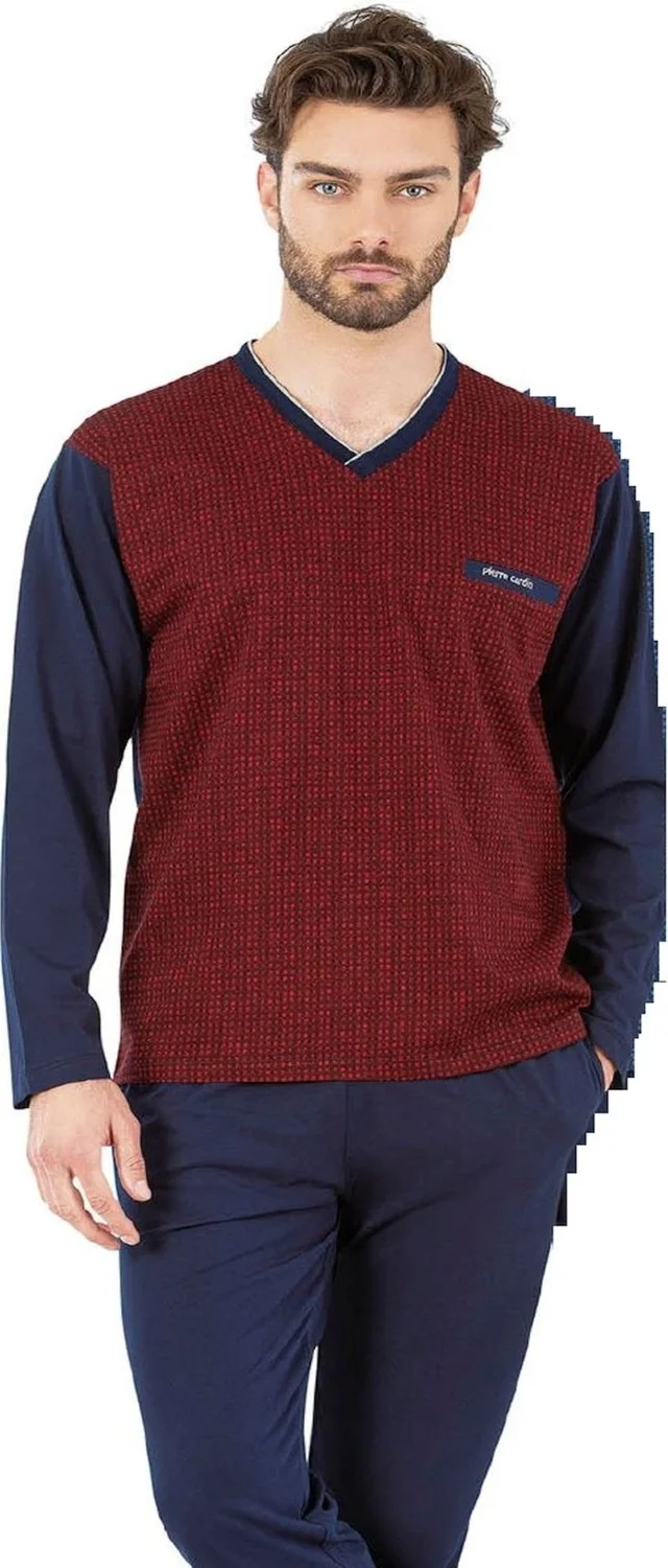 pierre cardin 6058 Men's Burgundy Jacquard Long Sleeve Plaid Pajama Set