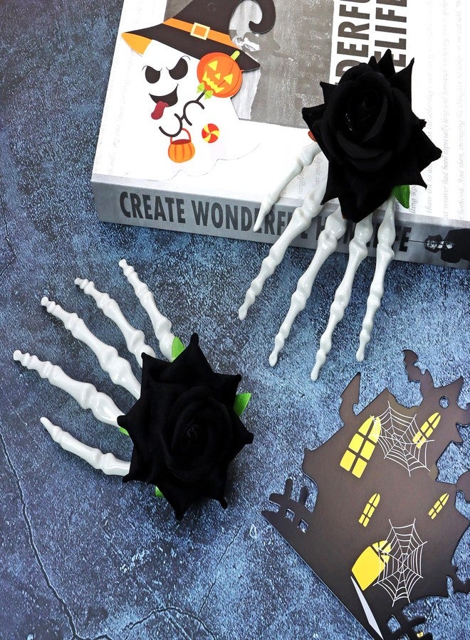 Penta Angel Skeleton Hand Hair Clips with Rose Flower 2Pcs Metal Skull Bones Claw Hairpins Punk Rock Horror Hair Accessories for Women Girls Halloween Christmas Party Costume (Black) - Image 3