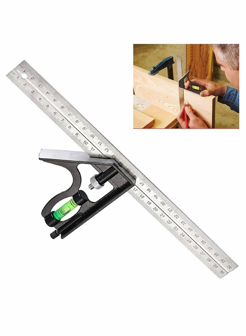 Combination Square 12Inch/300mm, Engineers Set Square, Stainless Steel Angle Ruler, Adjustable Carpentry Square 45/90 Degree with Bubble Level, Measuring Tool for Engineer Carpenter - Image 1