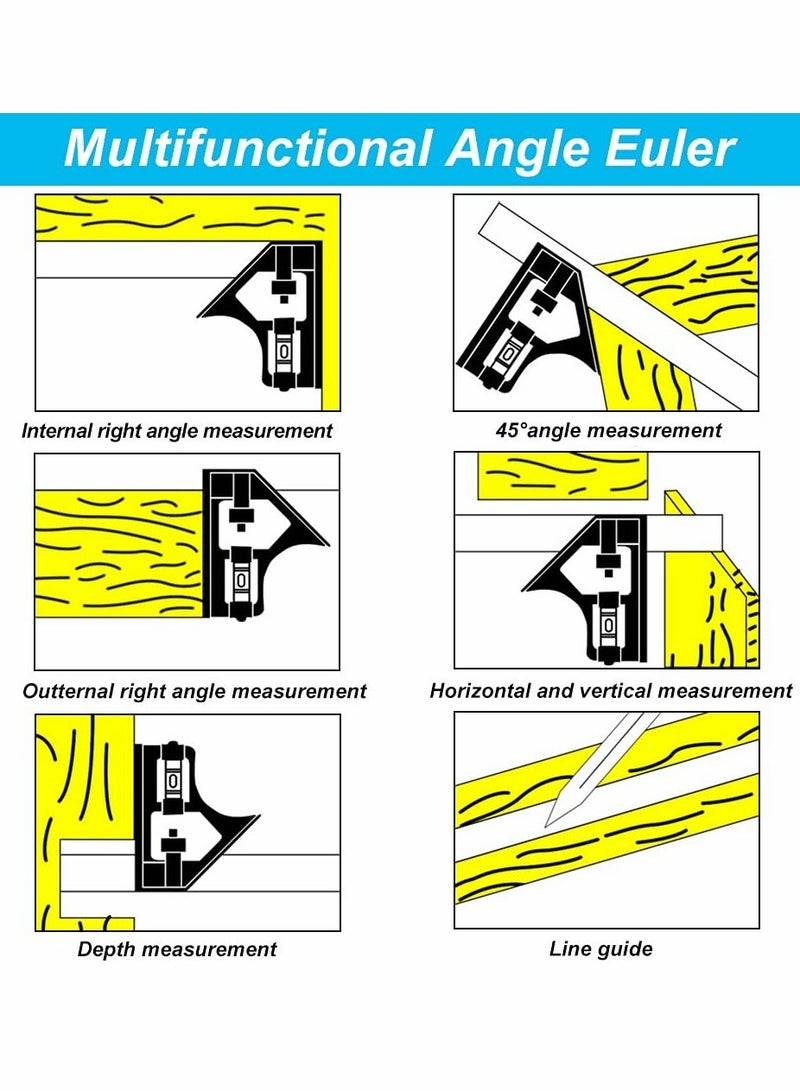 Combination Square 12Inch/300mm, Engineers Set Square, Stainless Steel Angle Ruler, Adjustable Carpentry Square 45/90 Degree with Bubble Level, Measuring Tool for Engineer Carpenter - Image 4