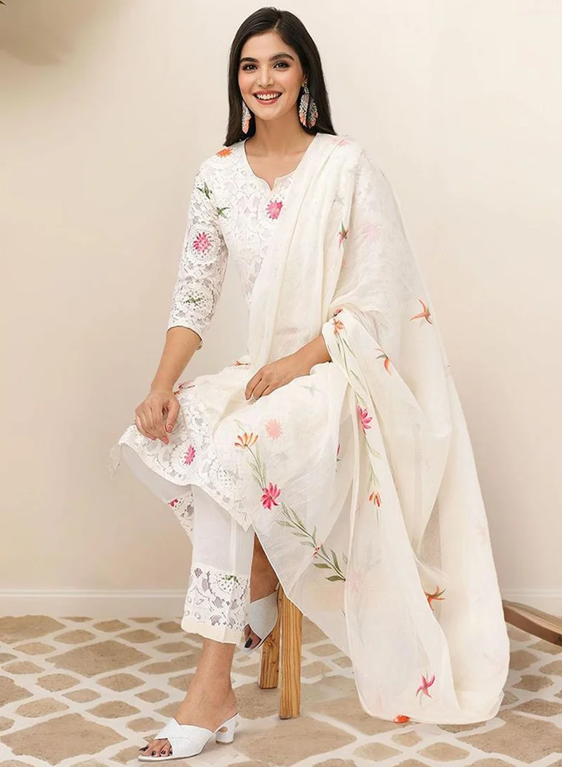 ISHIN  Regular Fit Three-Quarter Sleeve Printed Off White Cotton Woven Kurta Set For Women Flat Collar Perfect For Wedding And Engagement Pull On Closure for Women | Best Price UAE