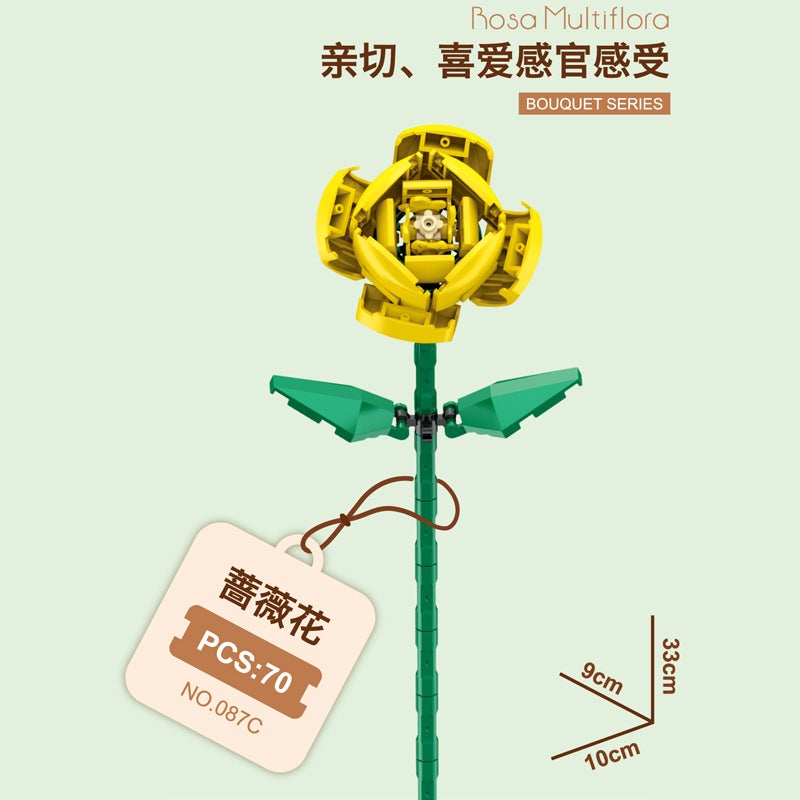 Educational Interlocking Building Block Flower Model Set - Simulated Roses, Peonies, Ferns, Rose  Bushes