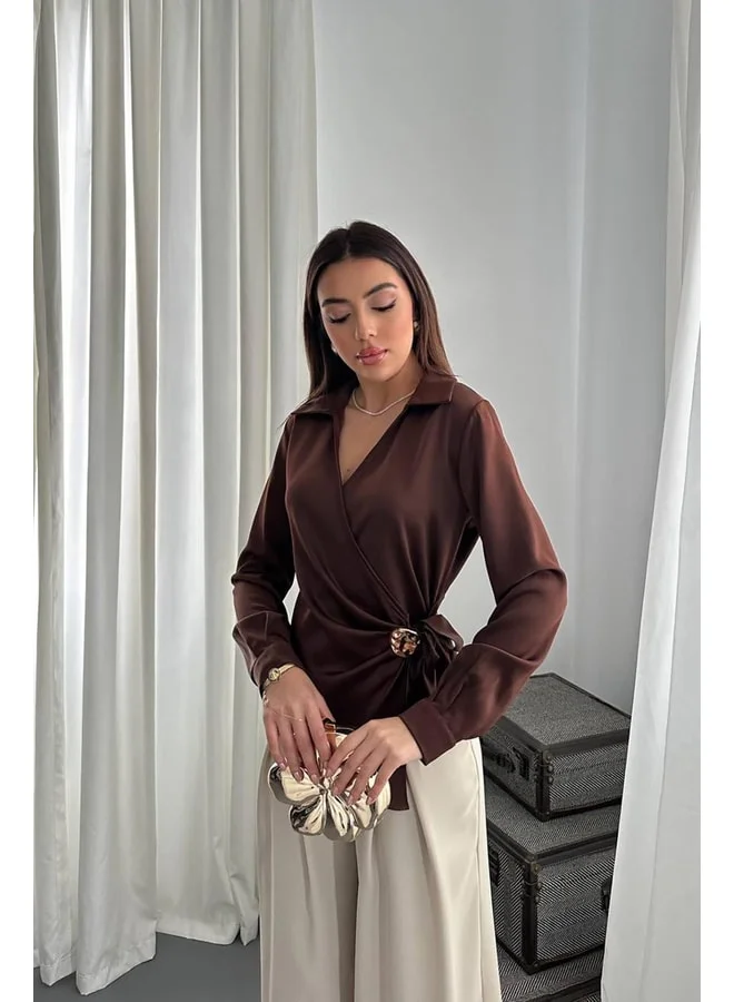 END BLACK Brown Button-Detail Satin Blouse L