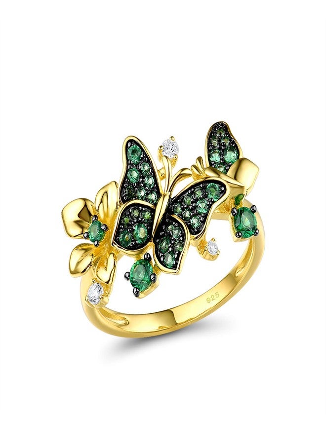 Santuzza Butterfly Ring 925 Sterling Silver Green Spinel Gold Star Flower Ring for Women (8) - Image 1