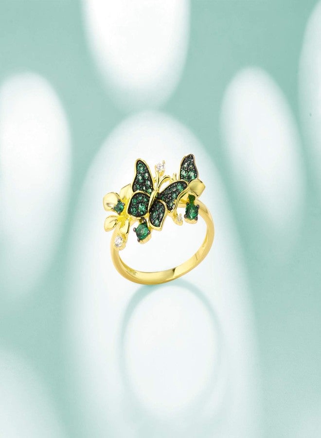Santuzza Butterfly Ring 925 Sterling Silver Green Spinel Gold Star Flower Ring for Women (8) - Image 4