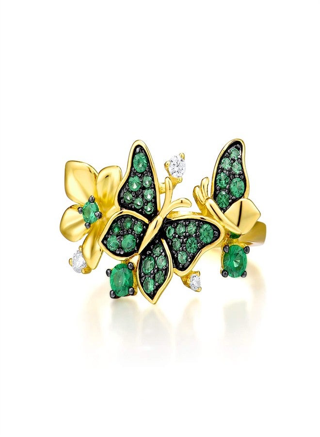 Santuzza Butterfly Ring 925 Sterling Silver Green Spinel Gold Star Flower Ring for Women (8) - Image 2