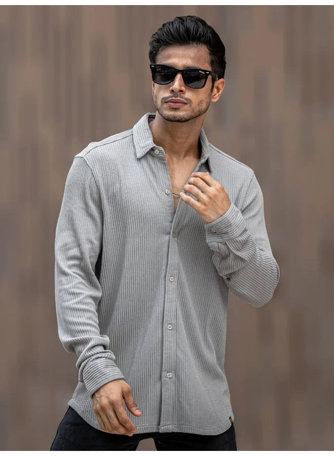 Maniac  Maniac Mens Solid Vertical Stripe Textured Full Sleeve Light Grey PolyCotton Shirt for Men | Best Price UAE