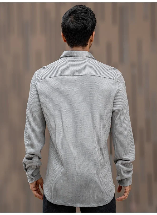 Maniac  Maniac Mens Solid Vertical Stripe Textured Full Sleeve Light Grey PolyCotton Shirt for Men | Best Price UAE