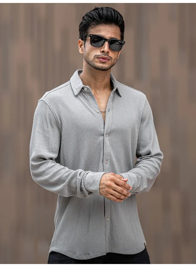 Maniac Maniac Mens Solid Vertical Stripe Textured Full Sleeve Light Grey PolyCotton Shirt