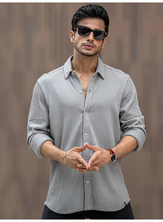 Maniac Maniac Mens Solid Vertical Stripe Textured Full Sleeve Light Grey PolyCotton Shirt