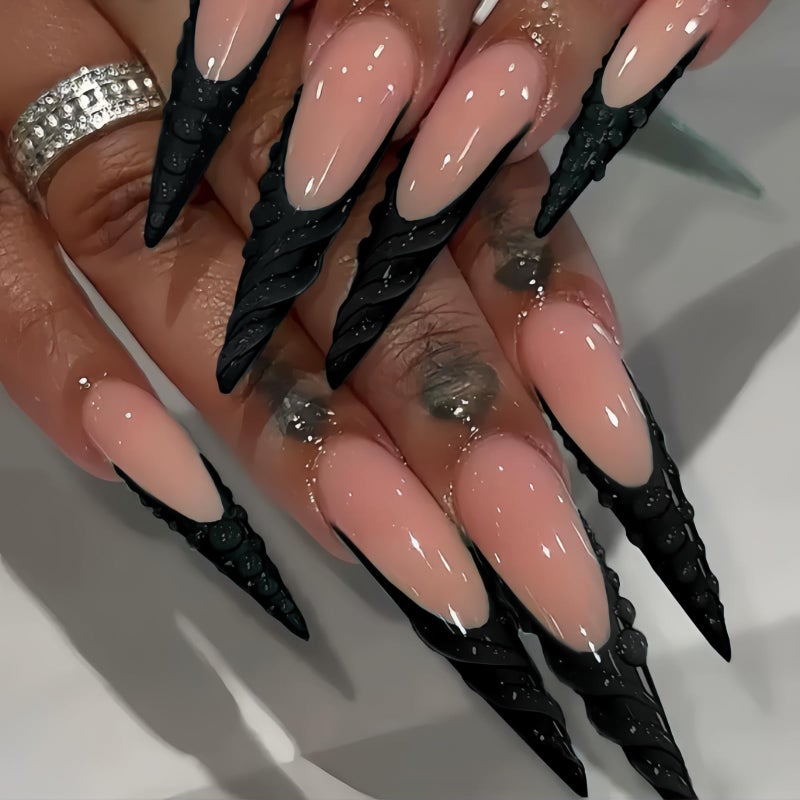 SEENEEY Long Press on Nails Stiletto Fake Nails Black French Artificial Nail with 3D Water Droplets Designs Extra Long Glossy Cute Stick on Nail for Women 24pcs - Image 1