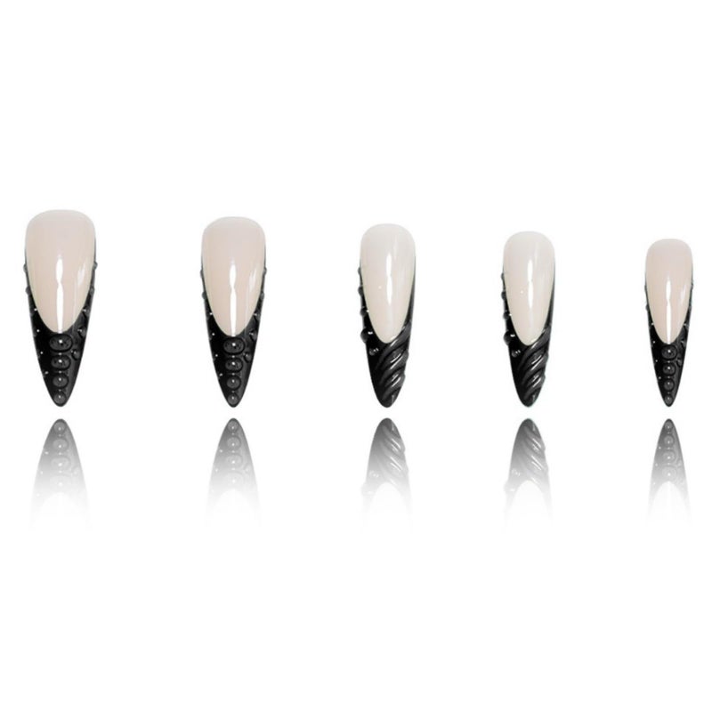 SEENEEY Long Press on Nails Stiletto Fake Nails Black French Artificial Nail with 3D Water Droplets Designs Extra Long Glossy Cute Stick on Nail for Women 24pcs - Image 2
