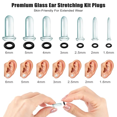 TRESSON 14PCS 14G-2G Glass Ear Stretching Kit Plugs for Ears Gauges with O-Rings Single Flare Glass Gauge Stretching Kit Ear Expander Body Piercing Jewelry for Women Men - Image 2