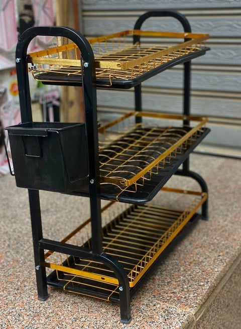 Organizer 3-round gold dish, Spoon and fork strainer, Multi-use dish for dishes and cups, Metal dish, and it comes with 3 plastic dishes, Gold metal dish, Size 42x23.5x61