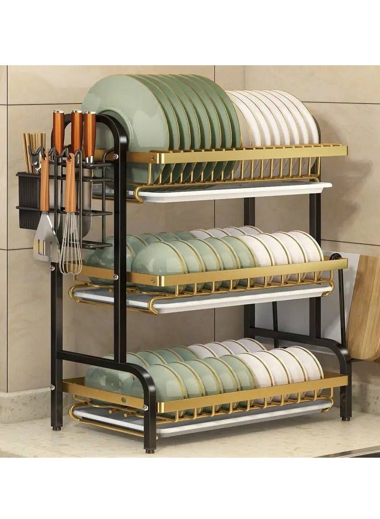 Organizer 3-round gold dish, Spoon and fork strainer, Multi-use dish for dishes and cups, Metal dish, and it comes with 3 plastic dishes, Gold metal dish, Size 42x23.5x61 - Image 3