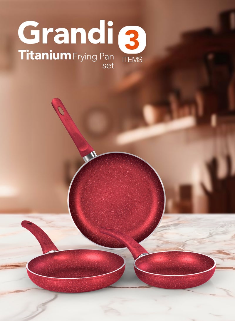 Grandi 3-Piece Non-Stick Titanium High thickness Frying Pan Set Red Big Frying Pan (26), Medium Frying Pan (22), Small Frying Pan (18)cm - Image 1