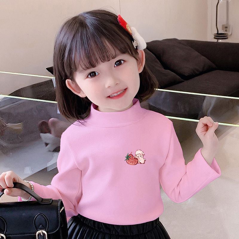 Girls' Semi-High Collar Velvet Casual Long-Sleeved T-Shirt Autumn New Arrival Medium And Large Children'S Wear Cartoon Printed Western Style Girls' T-Shirt - Image 1