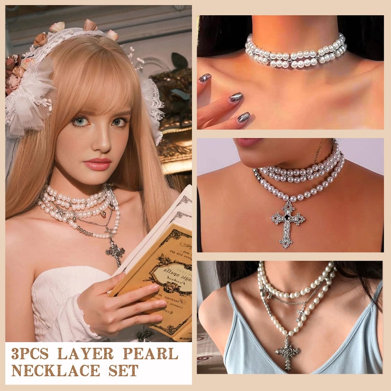 Bocar Gothic Cross Layer Pearl Chunky Statement Stacked Necklace Y2K Silver Strand Necklace for Women (NK-10769-White) - Image 2