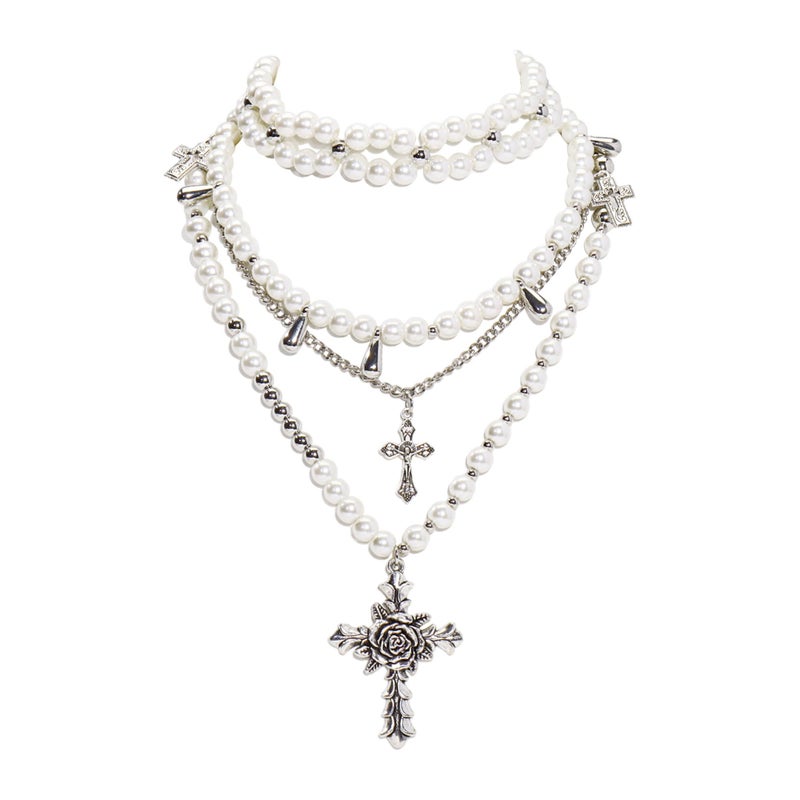 Bocar Gothic Cross Layer Pearl Chunky Statement Stacked Necklace Y2K Silver Strand Necklace for Women (NK-10769-White) - Image 1