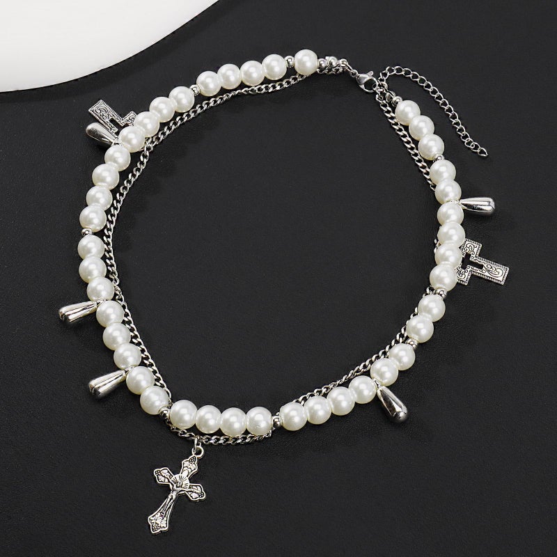 Bocar Gothic Cross Layer Pearl Chunky Statement Stacked Necklace Y2K Silver Strand Necklace for Women (NK-10769-White) - Image 5