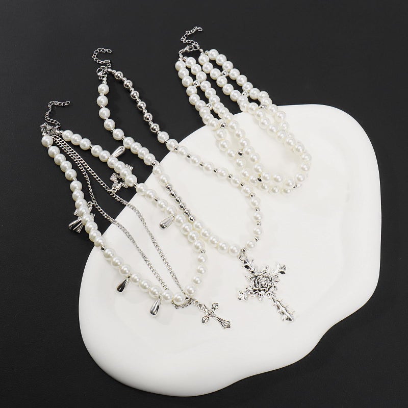 Bocar Gothic Cross Layer Pearl Chunky Statement Stacked Necklace Y2K Silver Strand Necklace for Women (NK-10769-White) - Image 4