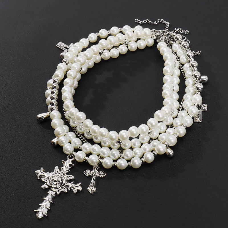 Bocar Gothic Cross Layer Pearl Chunky Statement Stacked Necklace Y2K Silver Strand Necklace for Women (NK-10769-White) - Image 3