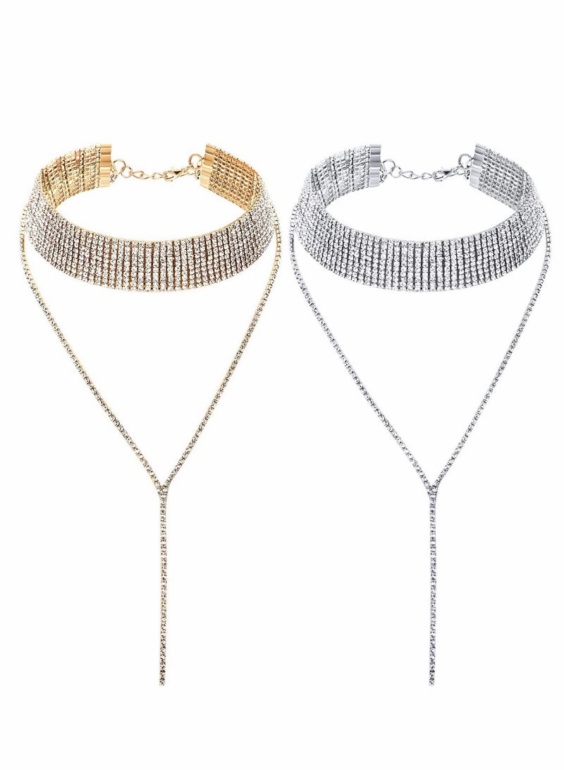 KASTWAVE Choker Necklace for Women Girls, 2 Pcs Rhinestone Tassel Wide Collar Necklaces Chain - Image 1