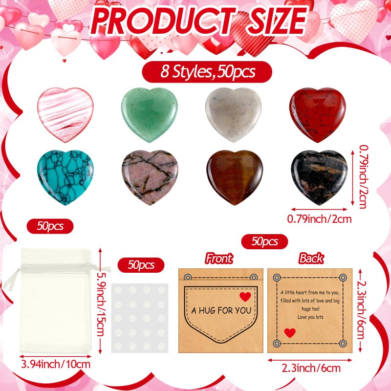 Lerheedi 50 Sets Valentines Gift Pocket Hug Token Valentines Gift Bulk Hug Cards with Acrylic Heart Shape Stones Keepsake Exchange Relationship Cards for Colleagues Family Distance Social Celebration of Life - Image 2