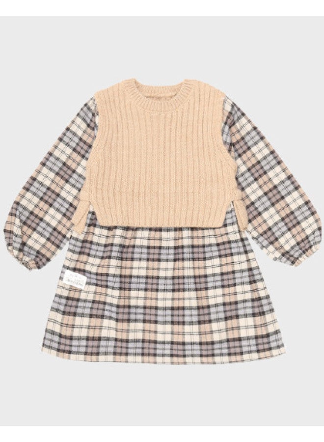 Zara children's Modern Fashion Retro Classic Checkered Knit Round-neck Long-sleeve Dress - Image 1