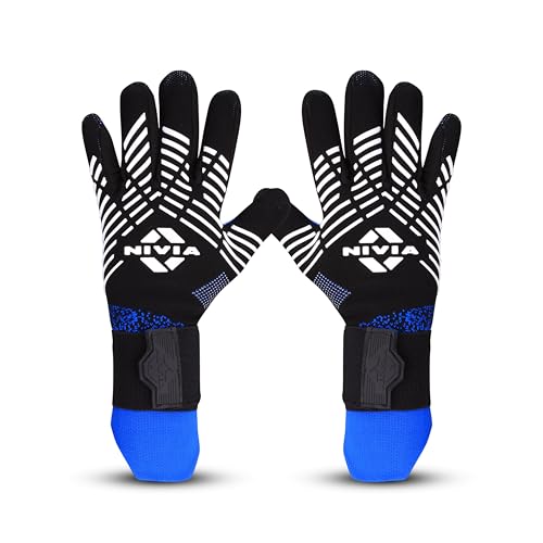 Nivia Shastra Goalkeeper Gloves for Men & Women, Latex Palm, Debossed Palm Lines, Knitted Backhand with Silicon Casting (Black, Blue), Large - Image 1