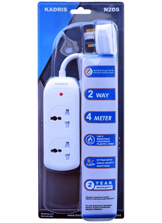 KADRIS - Power Strips N2DS Extension Cord with 2 way Outlets, Charging Socket with 4 meter Heat resistant  Extension Cord (White) ESMA approved - Image 1