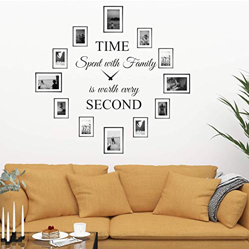 World of Wall Decal Time Spent with Family is Worth Every Second Wall Decal Decor Clock Family Quote Saying Vinyl Wall Art DIY The Photo Frames are not Included (22Wx22L) Matte Black - Image 2