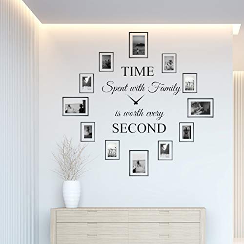 World of Wall Decal Time Spent with Family is Worth Every Second Wall Decal Decor Clock Family Quote Saying Vinyl Wall Art DIY The Photo Frames are not Included (22Wx22L) Matte Black - Image 1