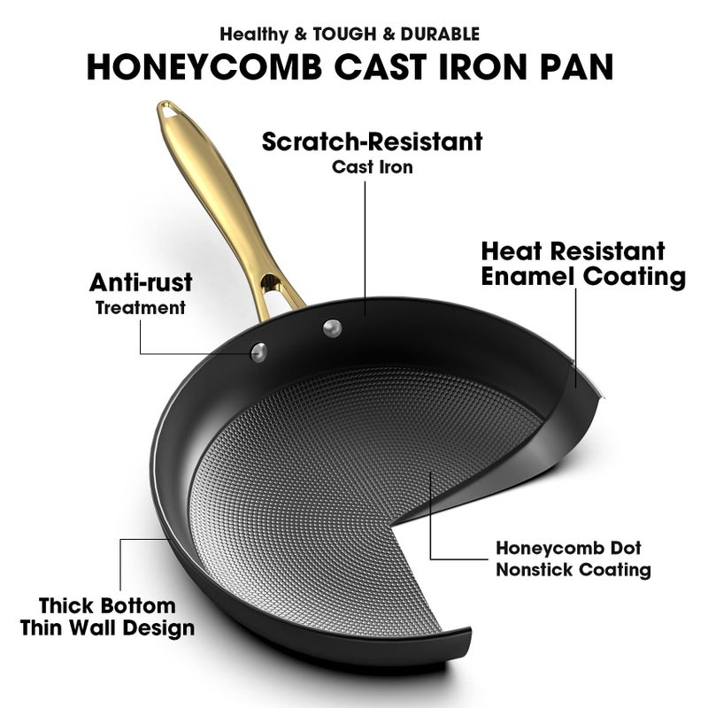 imarku Non Stick Frying Pans, Professional Cast Iron Skillets 2 Pcs - 8 Inch & 10 Inch Frying Pans Nonstick, Honeycomb Long Lasting Frying Pan Set Gold Handle Oven Safe Pan, New Home Essentials - Image 5