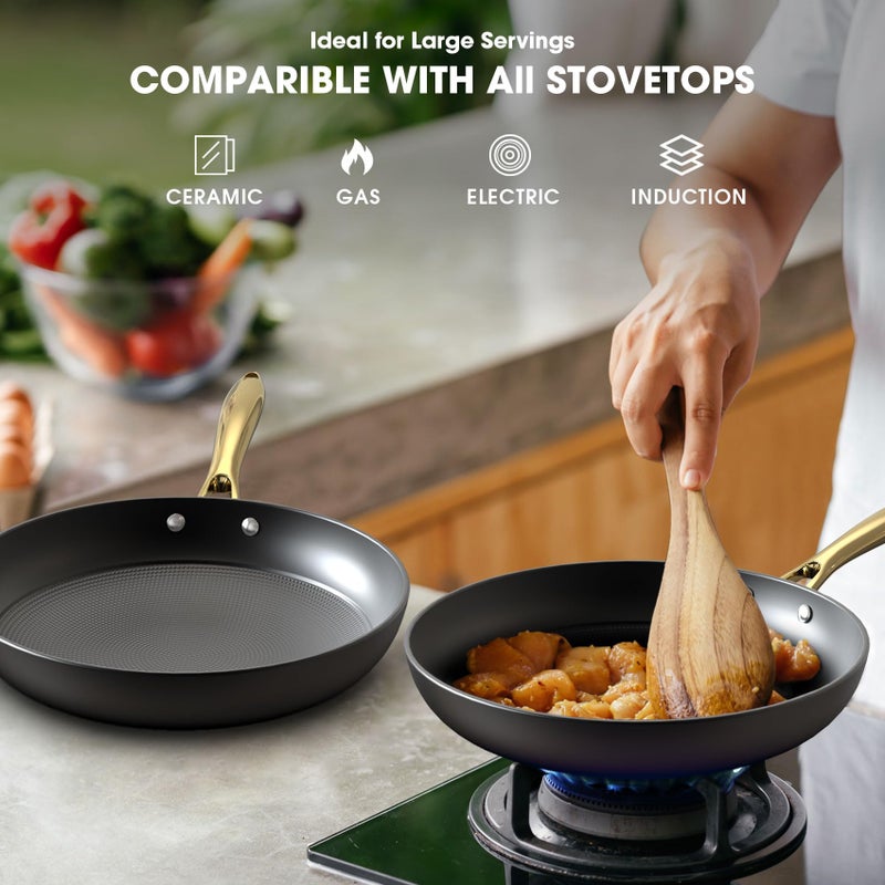 imarku Non Stick Frying Pans, Professional Cast Iron Skillets 2 Pcs - 8 Inch & 10 Inch Frying Pans Nonstick, Honeycomb Long Lasting Frying Pan Set Gold Handle Oven Safe Pan, New Home Essentials - Image 3